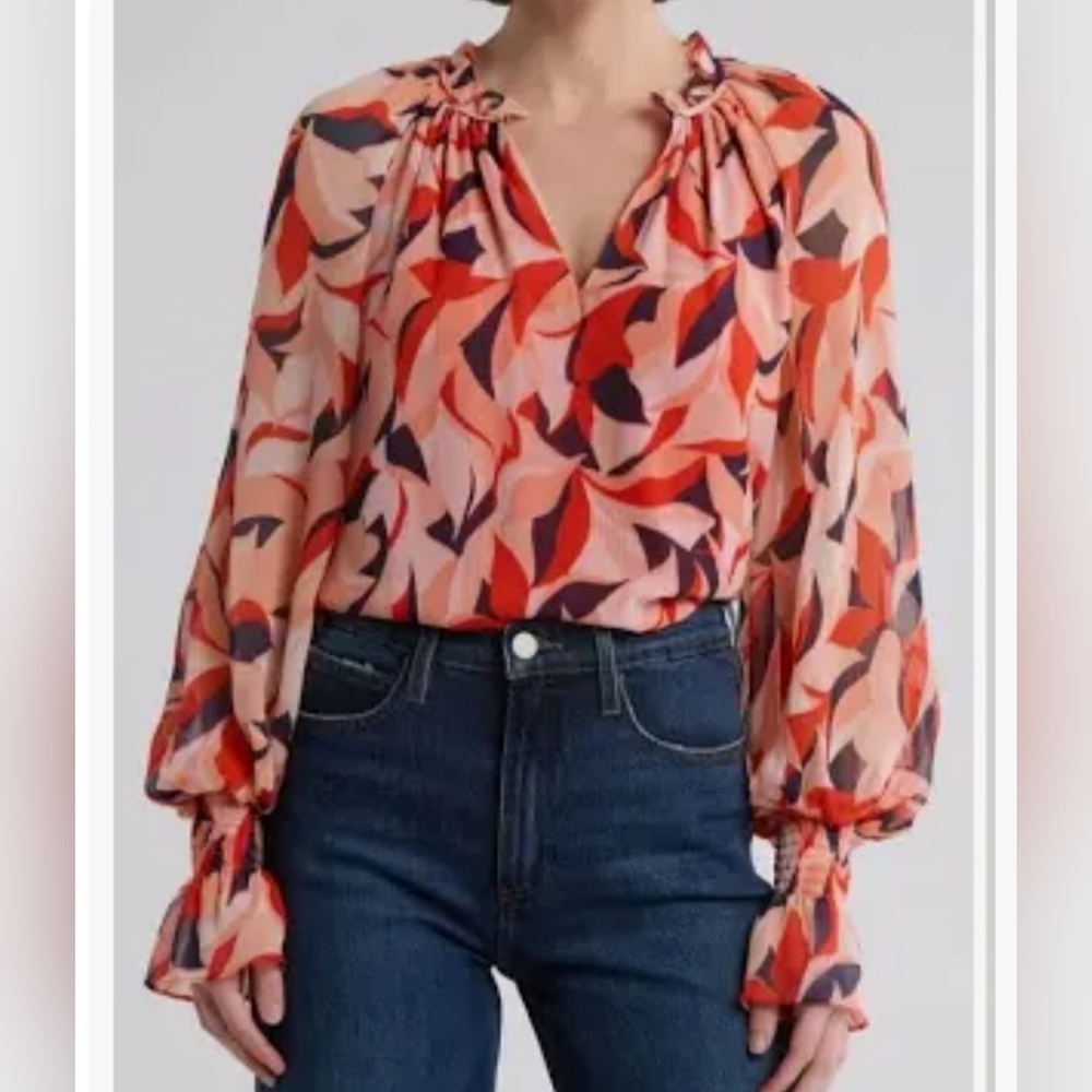 Ramy Brook Peach Floral-Print V-Neck Blouse with Red & Navy Leaf Pattern